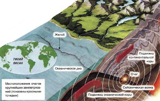 Многие землетрясения происходят в зоне субдукции, где литосферная плита океанической коры уходит под континентальную плиту